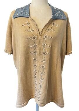 Vintage Storybook Knits Dazzling Denim Embellished Sweater Beige Blue Beaded 1X
